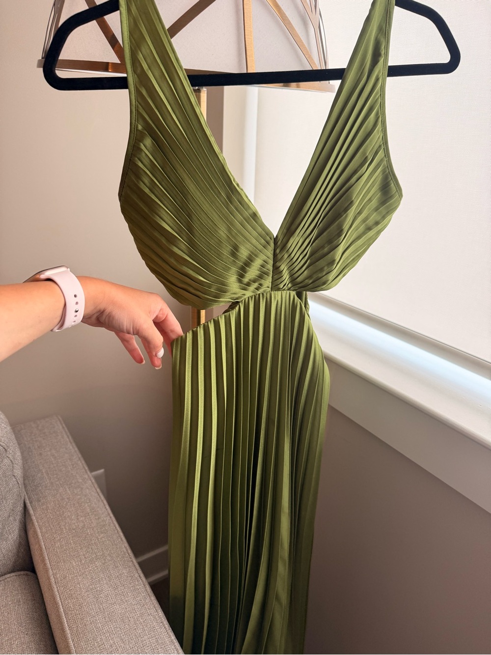 Abercrombie & Fitch Olive Green Pleated Backless V-Neck Dress